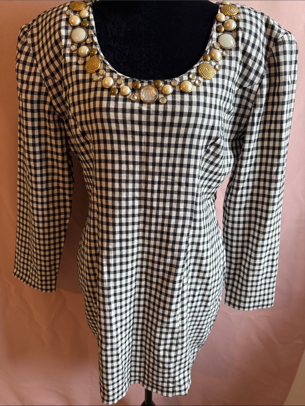Bejeweled Vintage Black and White Gingham Mini Dress